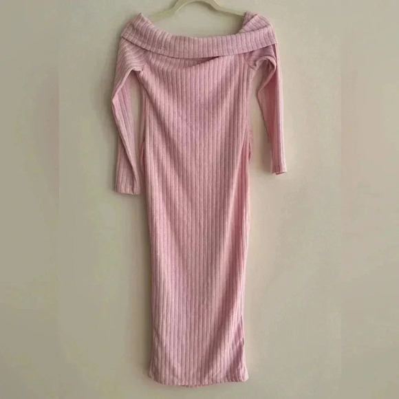 Shein Maternity Cotton Candy Pink Fuzzy Ribbed Off the Shoulder Midi Dress,Small - Picture 11 of 16